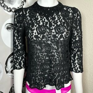 Comme Toi 3/4 Sleeve Black Floral Lace Top w/ Bead & Sequin Accents, Sz S